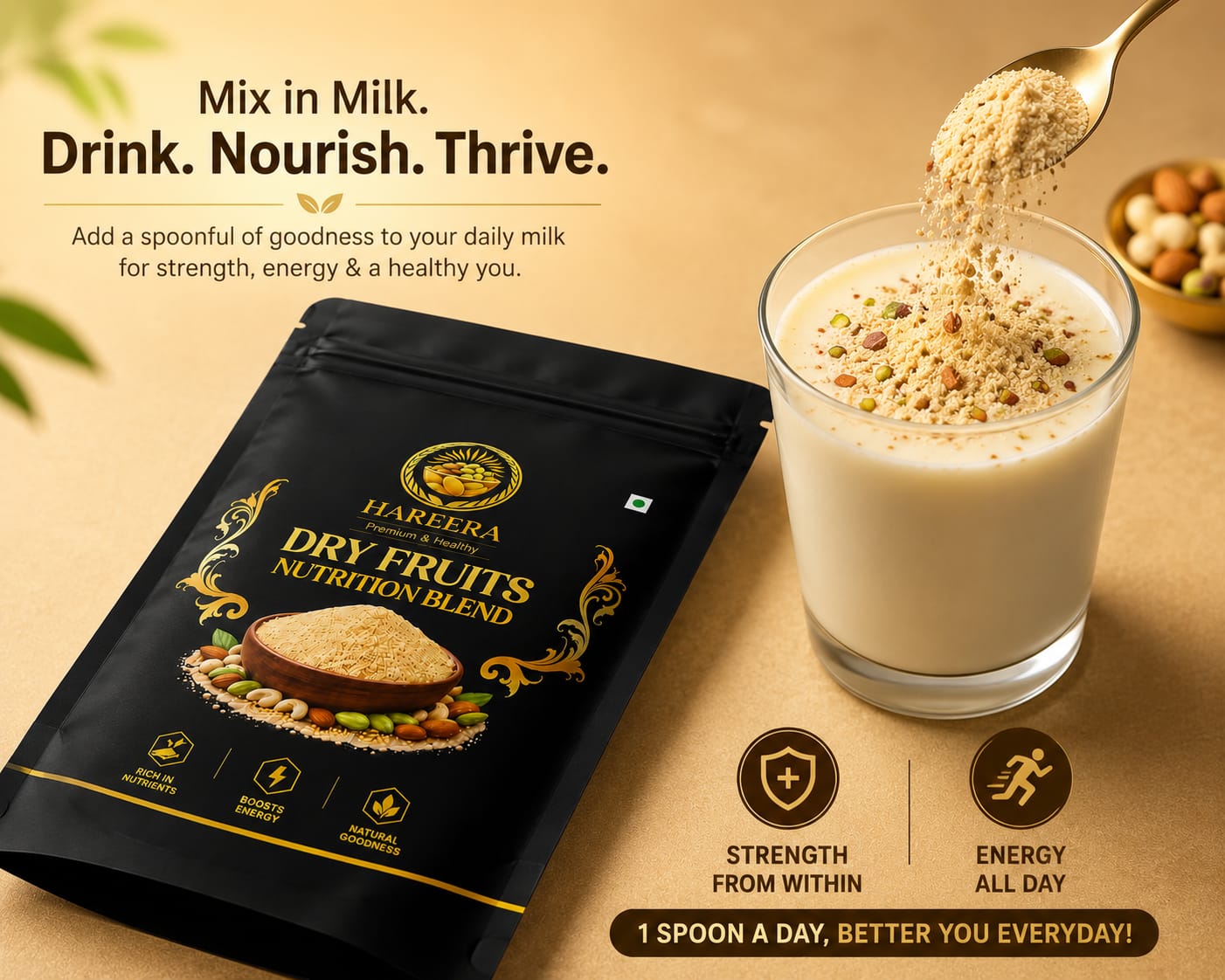 HAREERA Premium Dry Fruits Powder | Nuts & Seeds Nutrition Blend | Rich in Nutrients & Natural Energy | Healthy Wellness Powder for Kids & Adults | 100g
