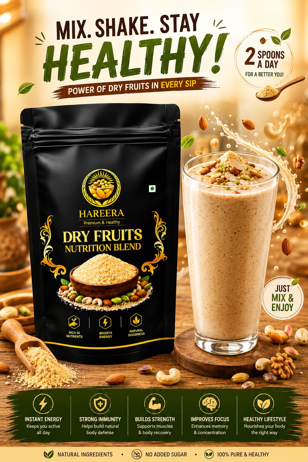 HAREERA Premium Dry Fruits Powder | Nuts & Seeds Nutrition Blend | Rich in Nutrients & Natural Energy | Healthy Wellness Powder for Kids & Adults | 100g